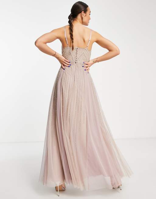 ASOS DESIGN Bridesmaid pearl embellished bodice cami maxi dress with tulle skirt in mauve