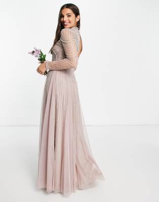 ASOS DESIGN Bridesmaid pearl embellished long sleeve maxi dress