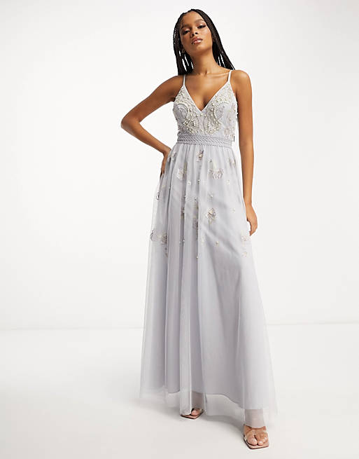 ASOS DESIGN Bridesmaid pearl embellished cami maxi dress with floral  embroidery in light blue