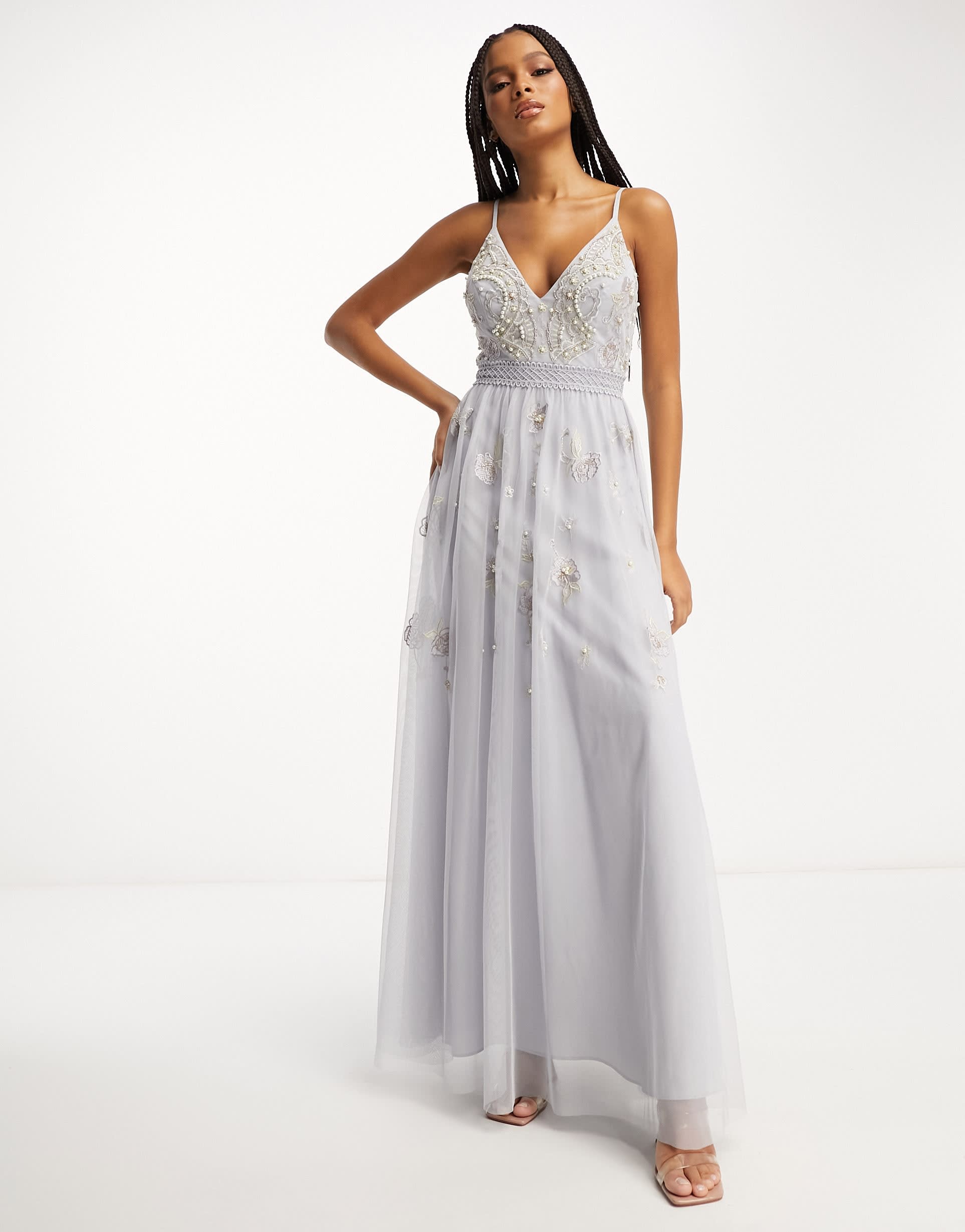 asos design bridesmaid pearl embellished cami maxi dress with floral embroidery in light blue