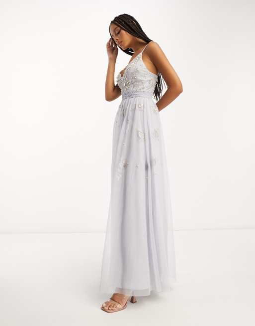 ASOS DESIGN Bridesmaid pearl embellished cami maxi dress with floral  embroidery in light blue