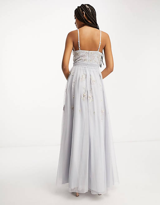 ASOS DESIGN Bridesmaid pearl embellished cami maxi dress with floral  embroidery in light blue