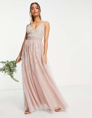 ASOS DESIGN Bridesmaid pearl embellished cami maxi dress with floral embroidery in rose ASOS