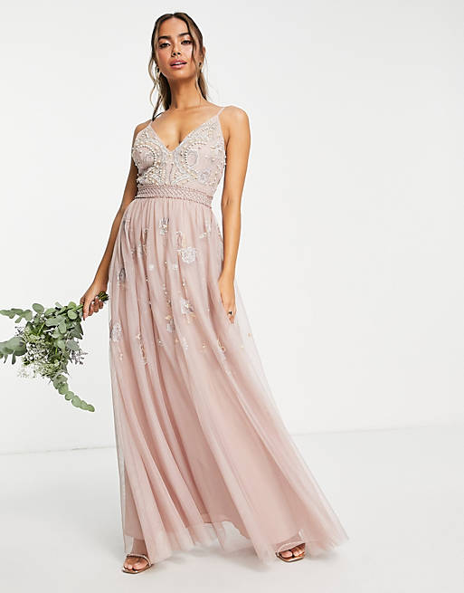 ASOS DESIGN Bridesmaid pearl embellished cami maxi dress with floral  embroidery in rose