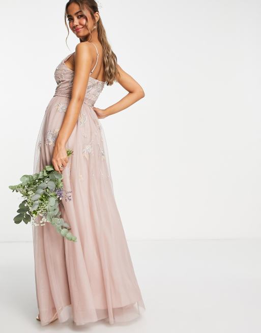 ASOS DESIGN Bridesmaid pearl embellished cami maxi dress with floral  embroidery in rose