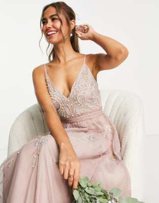 Needle & thread cami strap store embroidered maxi dress in rose pink