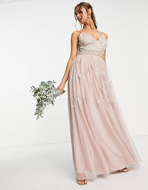 ASOS DESIGN Bridesmaid pearl embellished cami maxi dress with floral  embroidery in rose