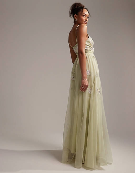 ASOS DESIGN Bridesmaid pearl embellished cami maxi dress with floral  embroidery in sage