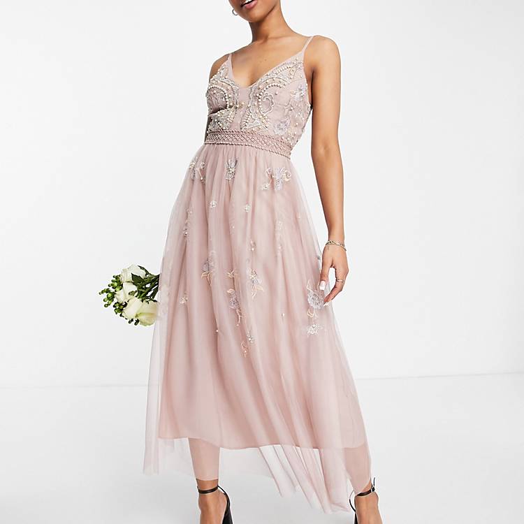 ASOS DESIGN Bridesmaid pearl embellished cami midi dress with floral  embroidery in rose