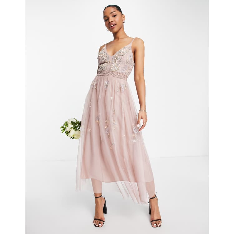 ASOS DESIGN Bridesmaid pearl embellished cami midi dress with floral  embroidery in rose