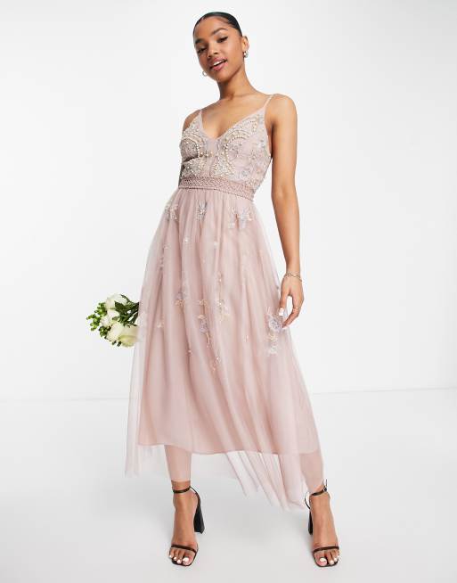 ASOS DESIGN Bridesmaid pearl embellished cami midi dress with floral  embroidery in rose