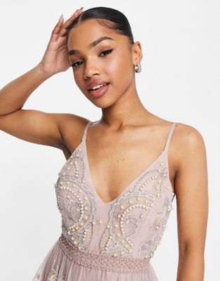 ASOS DESIGN Bridesmaid pearl embellished cami midi dress with floral  embroidery in rose
