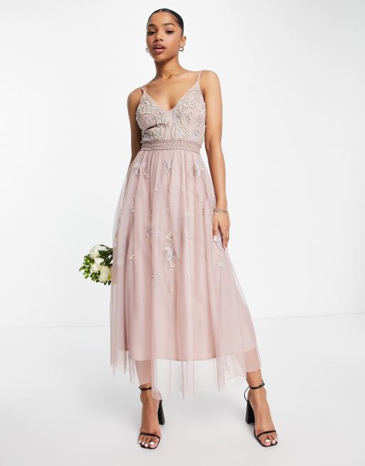 ASOS DESIGN Bridesmaid pearl embellished long sleeve maxi dress with floral  embroidery in rose