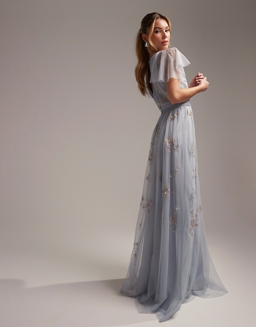 ASOS DESIGN Bridesmaid pearl embellished flutter sleeve maxi dress with floral embroidery in light b