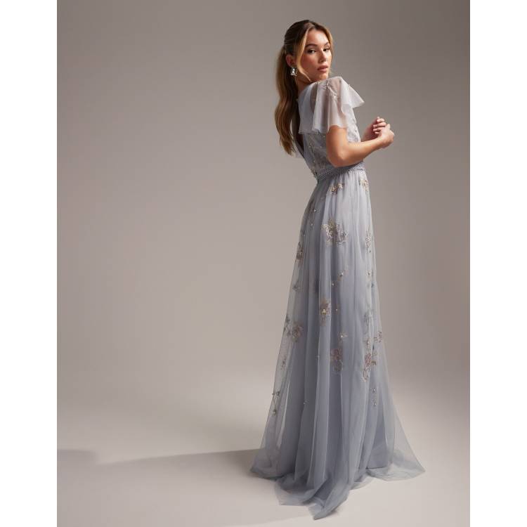 ASOS EDITION floral and leaf embroidered mesh maxi dress in pale blue