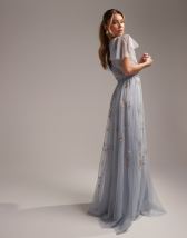 ASOS DESIGN Bridesmaid flutter sleeve maxi dress with satin trim detail and  wrap skirt