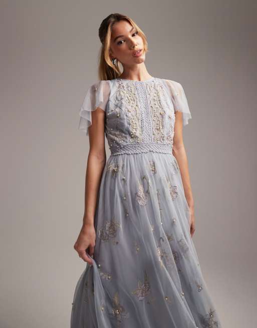 ASOS DESIGN Bridesmaid pearl embellished flutter sleeve maxi dress with  floral embroidery in light blue