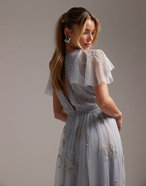 ASOS DESIGN Bridesmaid pearl embellished flutter sleeve maxi dress