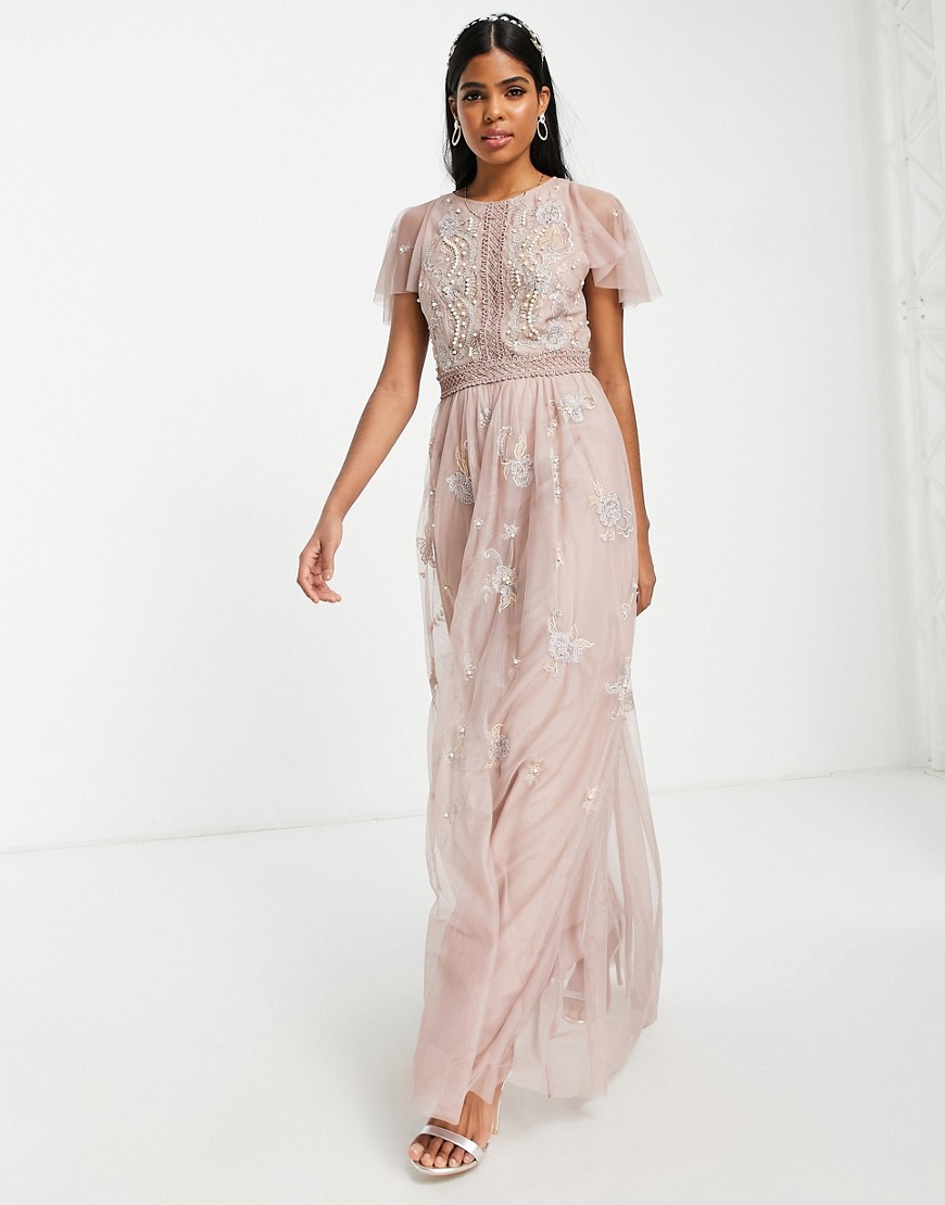 Asos Design Bridesmaid Pearl Embellished Flutter Sleeve Maxi Dress With Floral Embroidery In Rose-Pink