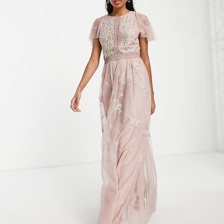 ASOS DESIGN Bridesmaid pearl embellished flutter sleeve maxi dress with  floral embroidery in rose