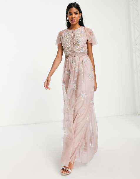 ASOS DESIGN Bridesmaid pearl embellished flutter sleeve maxi dress with floral embroidery in rose