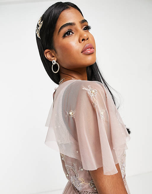 ASOS DESIGN Bridesmaid pearl embellished flutter sleeve maxi dress with  floral embroidery in rose