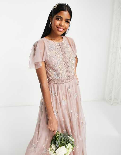 ASOS DESIGN Bridesmaid pearl embellished flutter sleeve maxi dress with  floral embroidery in rose