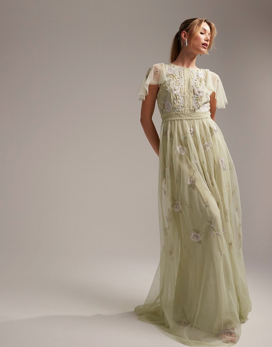 ASOS DESIGN Bridesmaid pearl embellished flutter sleeve maxi dress with floral embroidery in sage-Green