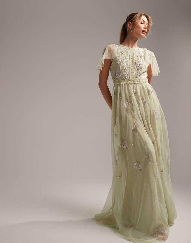 ASOS DESIGN Bridesmaid pearl embellished flutter sleeve maxi dress with floral embroidery in sage