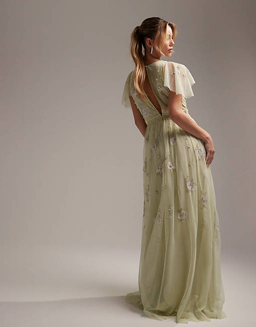 ASOS DESIGN Bridesmaid pearl embellished flutter sleeve maxi dress