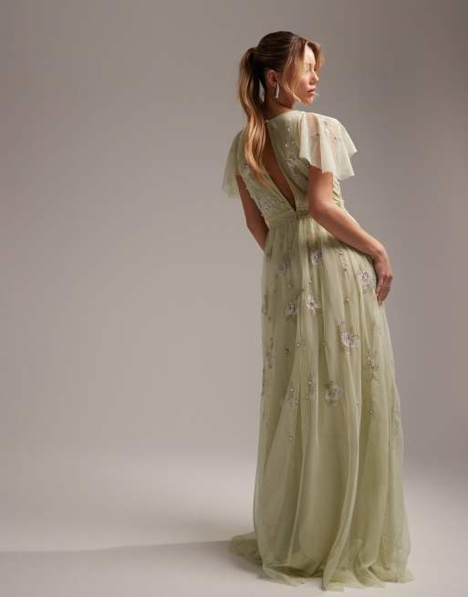 ASOS DESIGN Bridesmaid floral embroidered dobby mesh flutter sleeve maxi  dress #afflin…