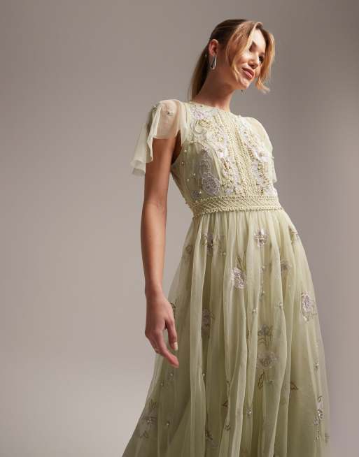 ASOS DESIGN Bridesmaid pearl embellished flutter sleeve maxi dress with floral embroidery in sage