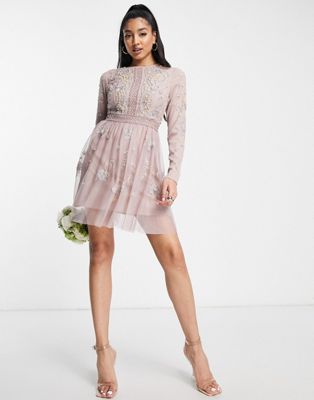 ASOS DESIGN Bridesmaid pearl embellished flutter sleeve mini dress with floral embroidery in rose