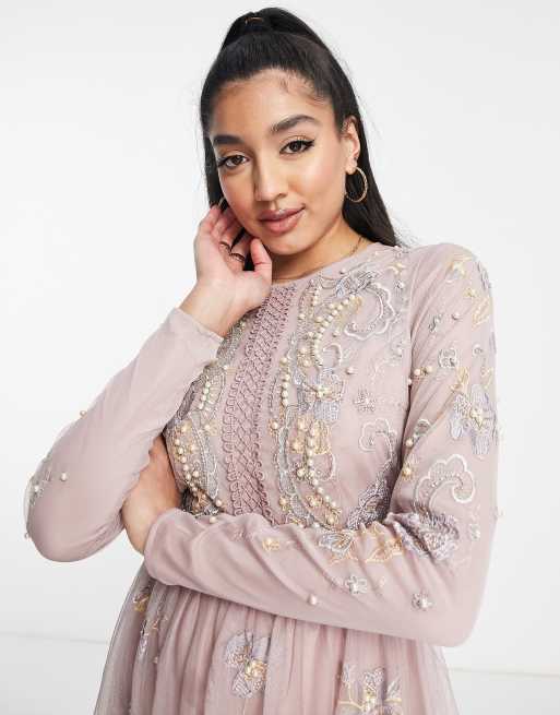 ASOS DESIGN Bridesmaid pearl embellished flutter sleeve mini dress with floral  embroidery in rose