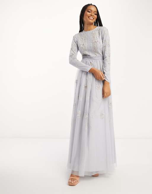 ASOS DESIGN Bridesmaid pearl embellished long sleeve maxi dress with floral  embroidery in light blue