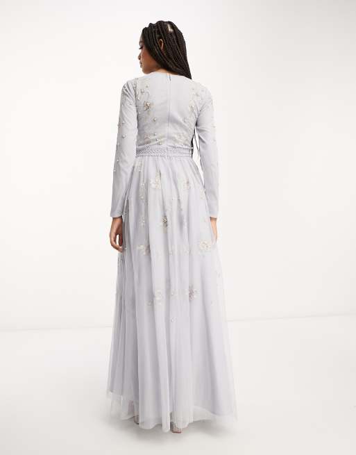 ASOS DESIGN Bridesmaid pearl embellished long sleeve maxi dress with floral  embroidery in light blue