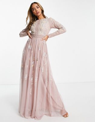 ASOS DESIGN Bridesmaid pearl embellished long sleeve maxi dress with floral embroidery in rose