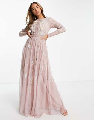 ASOS DESIGN Bridesmaid pearl embellished long sleeve maxi dress with floral embroidery in rose-Pink