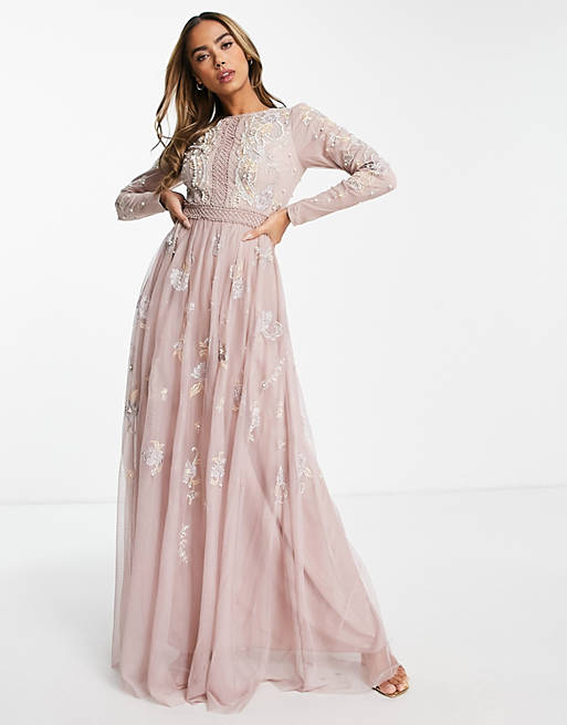 ASOS DESIGN Bridesmaid pearl embellished long sleeve maxi dress with floral  embroidery in rose
