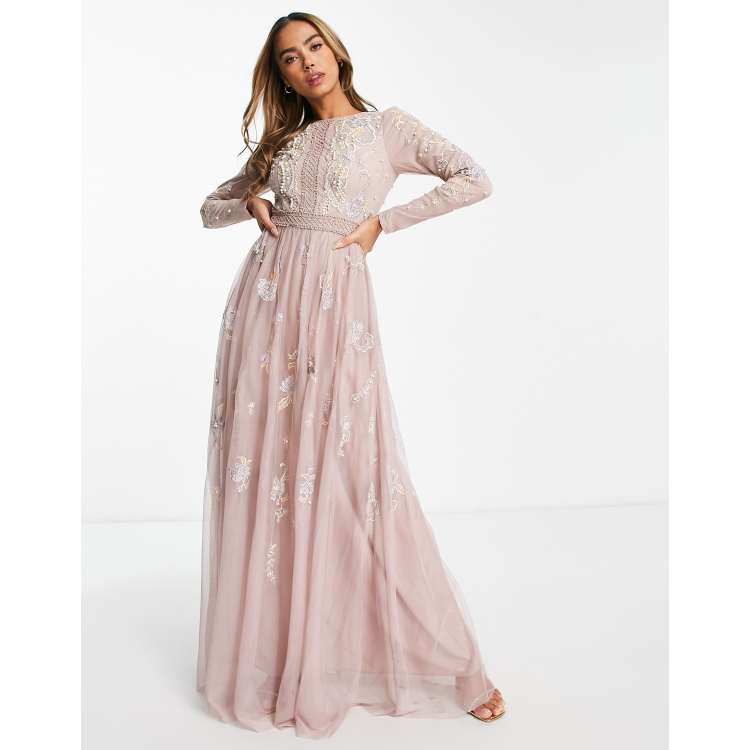 Long sleeve embroidered maxi cheap dress