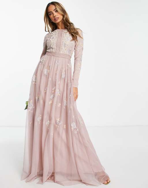 ASOS DESIGN Bridesmaid pearl embellished long sleeve maxi dress with floral embroidery in rose