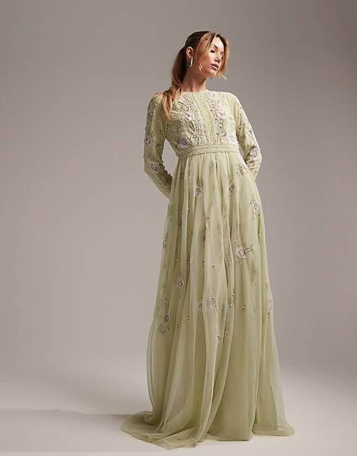 ASOS DESIGN Bridesmaid pearl embellished long sleeve maxi dress with floral  embroidery in sage