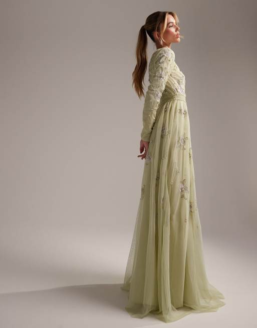 ASOS DESIGN Bridesmaid pearl embellished long sleeve maxi dress with floral embroidery in sage