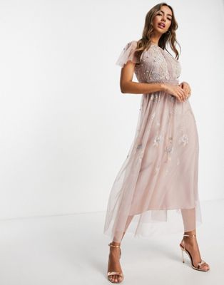 ASOS DESIGN Bridesmaid pearl embellished long sleeve midi dress with floral embroidery in rose