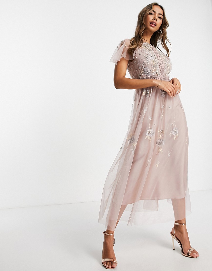 ASOS DESIGN Bridesmaid pearl embellished long sleeve midi dress with floral embroidery in rose-Pink