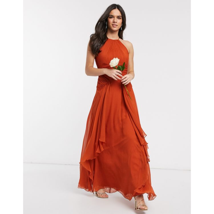 ASOS DESIGN Bridesmaid pinny maxi dress with ruched bodice and layered  skirt detail