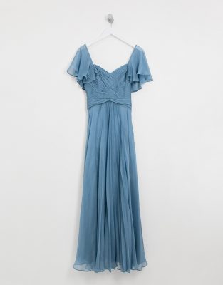 asos design bridesmaid pleated bodice maxi dress with flutter sleeve