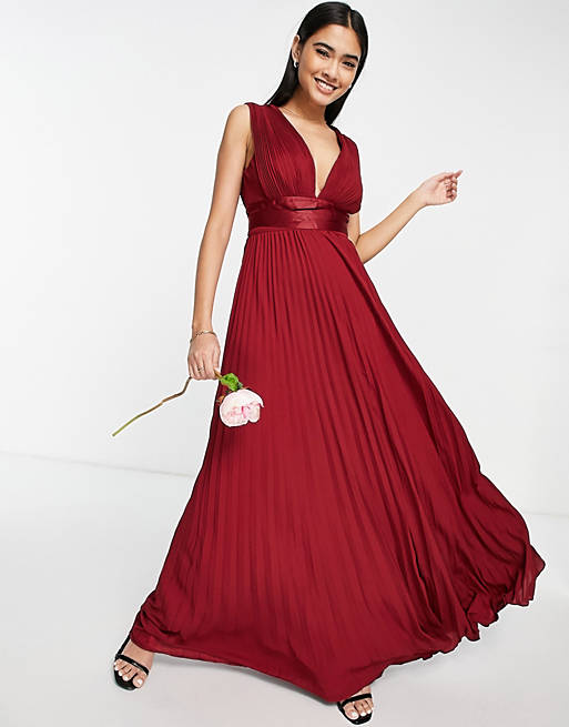 Bridesmaid pleated cami maxi dress with satin wrap waist in burgundy Asos Women Clothing Dresses Maxi Dresses 