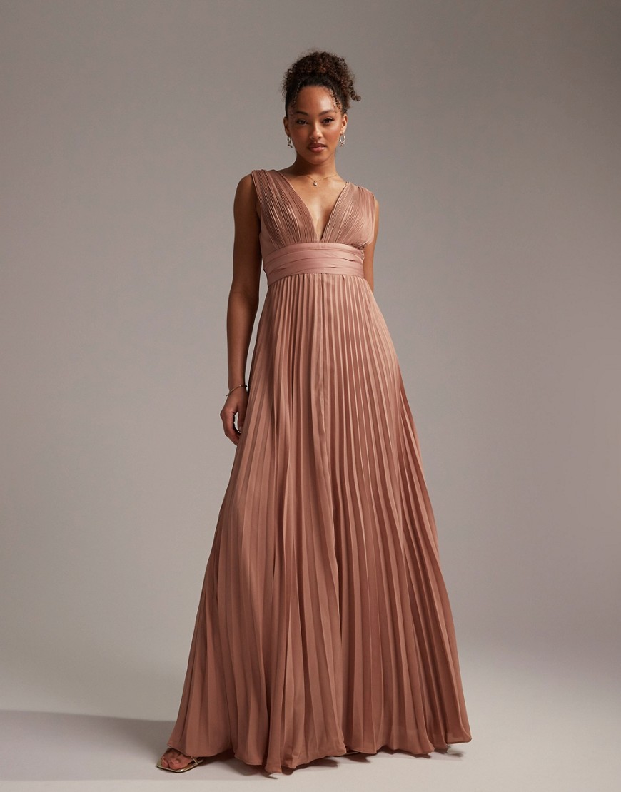 ASOS DESIGN Bridesmaid pleated cami maxi dress with satin wrap waist in mocha-Brown