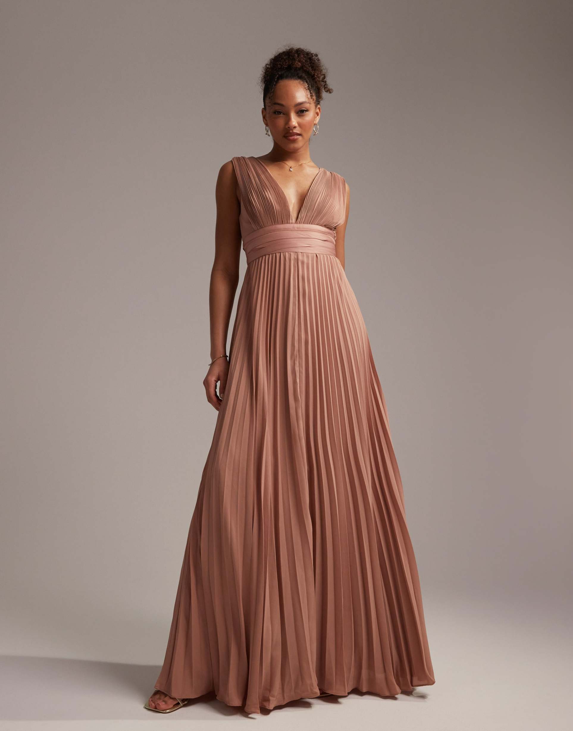 asos design bridesmaid pleated cami maxi dress with satin wrap waist in mocha